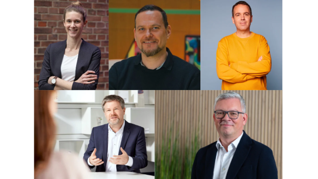 Nachhaltig neu ansetzen - V. l.: Lena Berkemeyer (Mondelez), Matthias Paetzolt (Stabilo), Carsten Bertram (Henkel), Michael Becker (Beiersdorf) und Marco Buschmeier (Dr. Beckmann) - Quelle: Mondelez, Stabilo, Henkel, Markus Schmidt, henriette pogoda,
